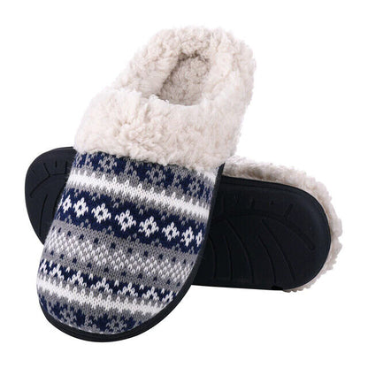 Damen Hausschuhe, blau-weiß, Strickmuster, Fleece-Futter, rutschfeste Sohle, gemütlich.