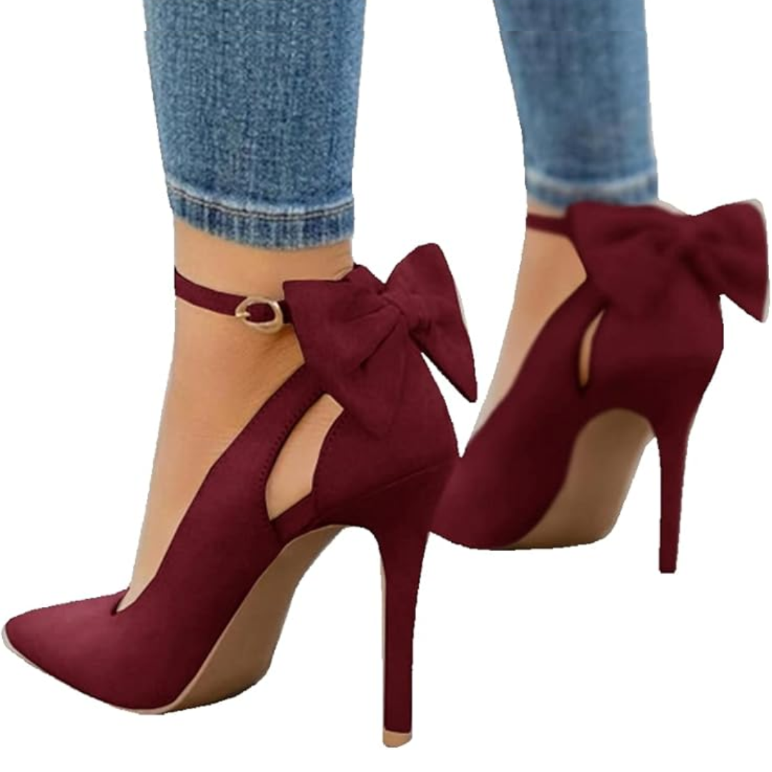 Damen High Heels mit Schleife, bordeauxrot, spitz, elegantes Design, für Partys und Events.