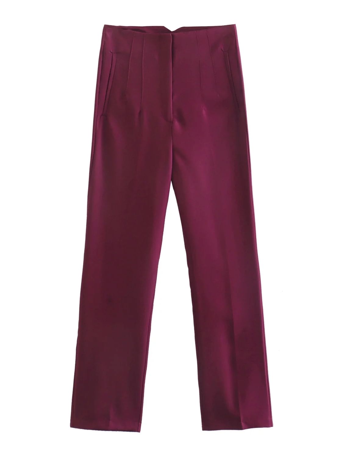 Bordeauxfarbene Damenhose, gerade geschnitten, elegant, aus Satin, mit Taschen.
