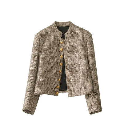 Damen Blazer beige, Leinen, Knopfleiste, elegant, Büro, Mode, Herbst, klassisch, stilvoll.