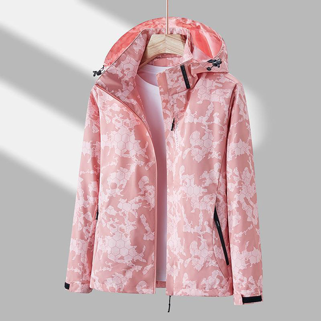 Damen Regenjacke rosa, Blumenmuster, wasserdicht, Kapuze, Outdoor-Bekleidung.