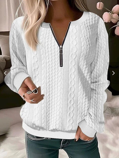 Damenpullover mit Zopfmuster, weiß, Reißverschluss, langärmelig, casual, Herbstmode.