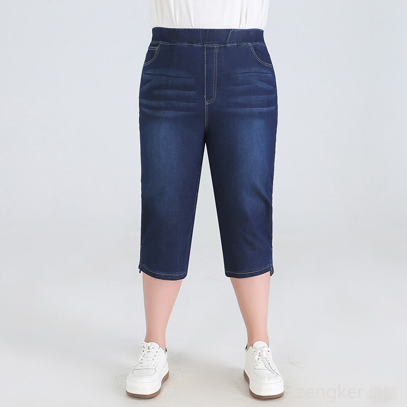 Damen Capri-Jeans, dunkelblau, elastisch, bequem, Freizeitmode, Sommerkleidung, Denim.