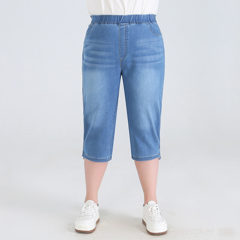 Damen-Jeans-Caprihose, blau, elastischer Bund, knielang, Freizeitmode.