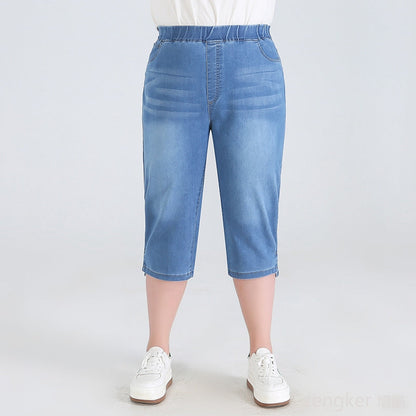 Damen-Jeans-Caprihose, blau, elastischer Bund, knielang, Freizeitmode.