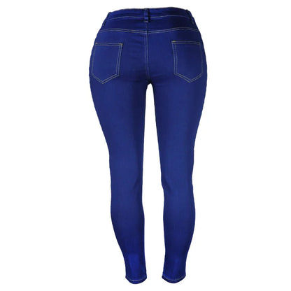 Blaue Damenjeans, Skinny Fit, hohe Taille, Rückansicht, Denim, modische Damenbekleidung