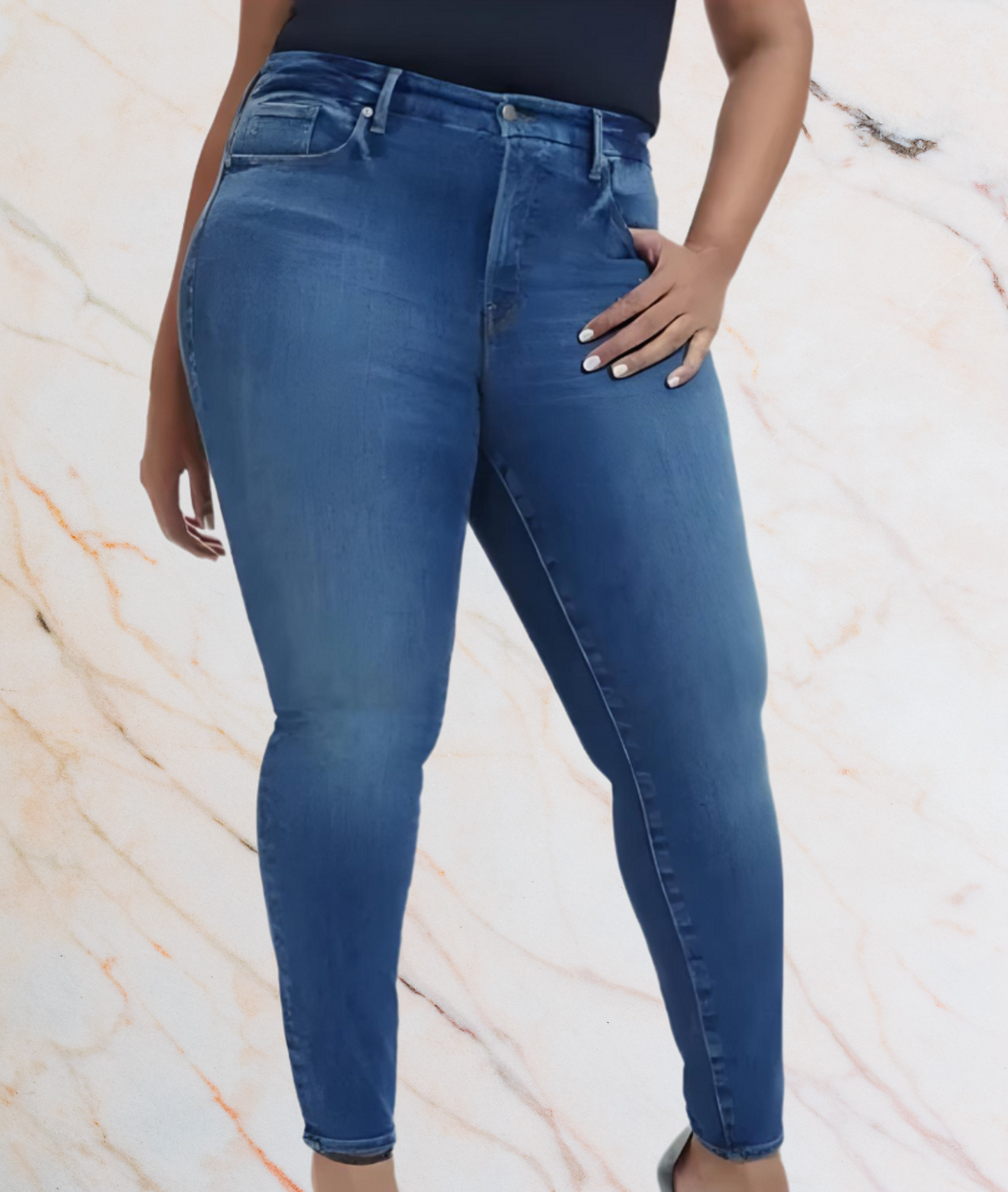 Damenjeans in Blau, Skinny Fit, Stretch-Denim, hohe Taille, Plus Size Mode.