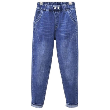 Blaue Damenjeans mit elastischem Bund, hoher Taille und Taschen, modisch und bequem.