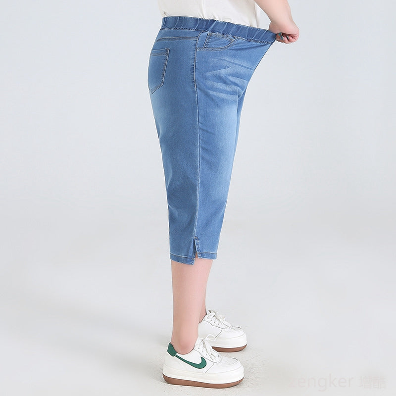 Damen Capri-Jeans blau, elastisch, bequem, seitliche Taschen, Freizeitmode, Sommerkleidung.