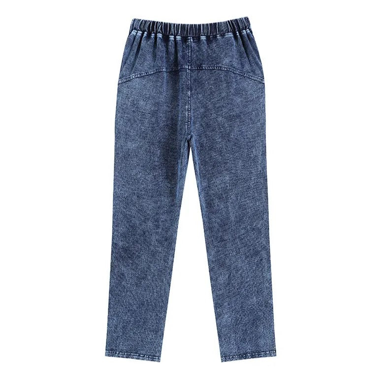 Damen-Jeanshose, blau, elastischer Bund, Denim, modisch, bequem, Alltagskleidung.