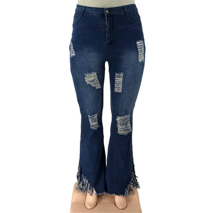 Damen Schlagjeans, blau, zerrissen, Fransen, modisch, Denim, Freizeitkleidung, Vintage-Look
