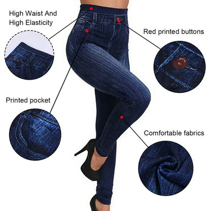 Damenjeans, dunkelblau, hohe Taille, elastisch, rote Knöpfe, bequemer Stoff, modisch.