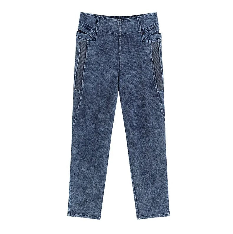 Damen-Jeans, blau, High-Waist, Acid-Wash, mit Taschen, modisch, bequem, Denim-Hose.
