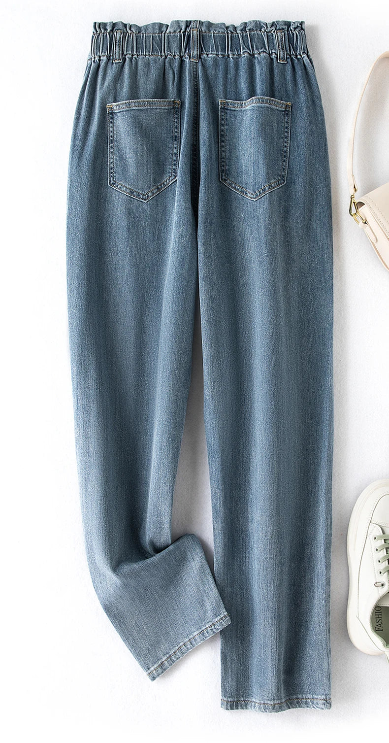 Damen Jeanshose mit elastischem Bund, blau, lässig, Baumwolle, Rückansicht, Taschen.