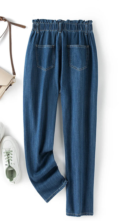 Damen-Jeanshose, blau, elastischer Bund, lässig, Baumwolle, mit Taschen, modisch.