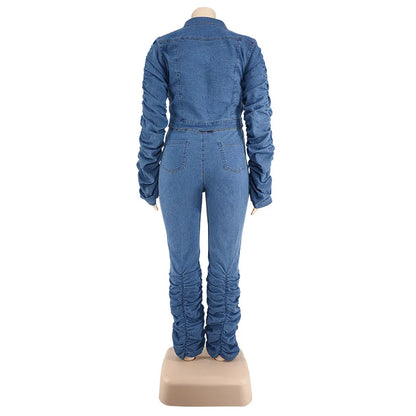 Damen-Jeans-Set, blau, langärmelig, geraffte Hose, Denim, modisch, Rückansicht