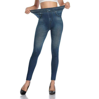 Damen Leggings Jeans-Optik, blau, figurformend, elastisch, hoher Bund, modisch.