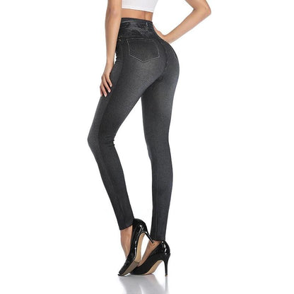 Damen Leggings in Jeansoptik, grau, figurbetont, hoher Bund, modisch, bequem.