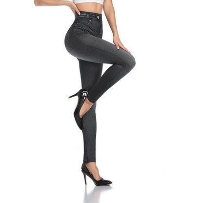 Damen Leggings in Jeansoptik, schwarz, figurformend, hoher Bund, modisch, bequem.