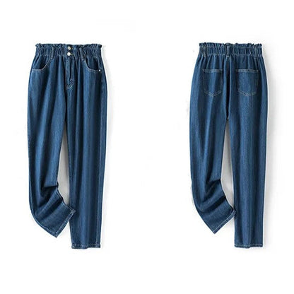 Damen-Jeanshose, blau, elastischer Bund, lässig, modisch, bequem, Rückansicht und Vorderansicht.