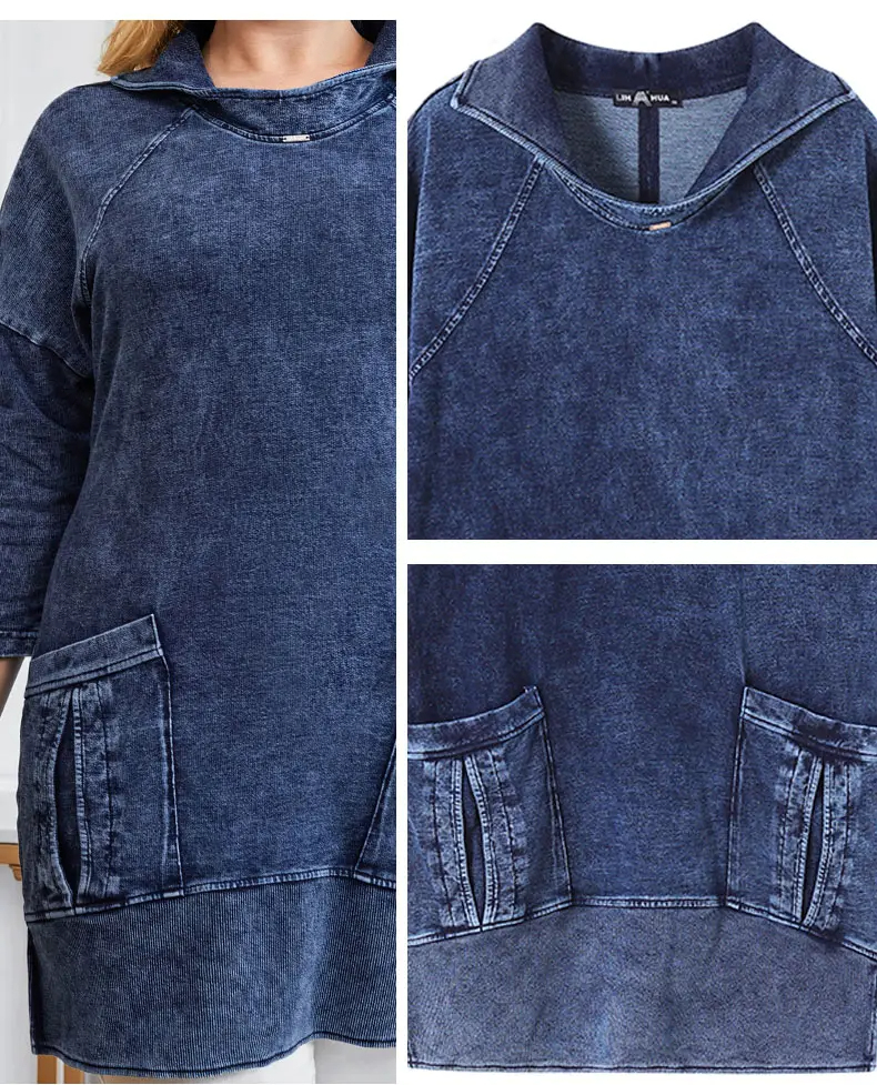 Damen-Jeanskleid, blau, 3/4-Ärmel, Taschen, Freizeitmode, Baumwolle, bequem, lässig.