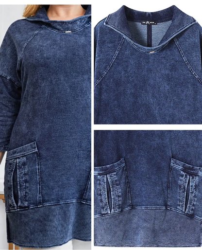 Damen-Jeanskleid, blau, 3/4-Ärmel, Taschen, Freizeitmode, Baumwolle, bequem, lässig.