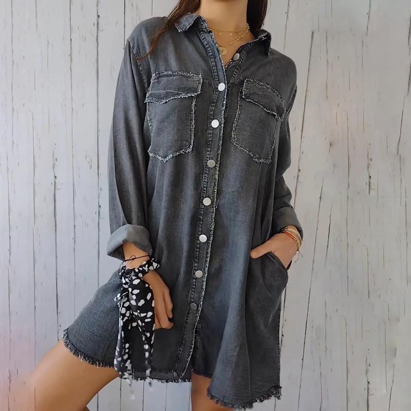 Graues Jeanshemdkleid Damen, Fransen, Knopfleiste, lässig, modisch, Langarm.