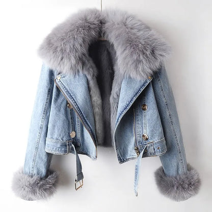 Damen Jeansjacke mit grauem Kunstfellkragen, modisch, warm, Winterjacke, blau.