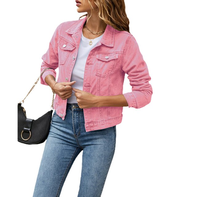 Damen rosa Jeansjacke, lange Ärmel, Reverskragen, Brusttaschen, modisch, casual.