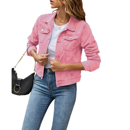 Damen rosa Jeansjacke, lange Ärmel, Reverskragen, Brusttaschen, modisch, casual.