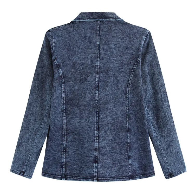 Damen Jeansjacke, blau, langärmelig, Rückansicht, Denim, modisch, Freizeitkleidung.