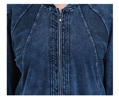 Damen-Jeansjacke mit Reißverschluss, dunkelblau, Baumwolle, modisch, Freizeitkleidung.
