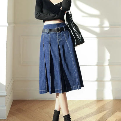 Faltenrock Damen, blau, Denim, knielang, modisch, mit Gürtel, eleganter Freizeitlook
