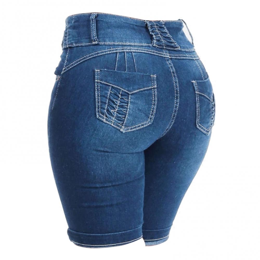 Damen-Jeans-Shorts, blau, elastisch, hohe Taille, modisch, Sommermode, Freizeitkleidung.