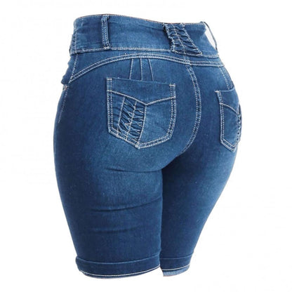 Damen-Jeans-Shorts, blau, elastisch, hohe Taille, modisch, Sommermode, Freizeitkleidung.