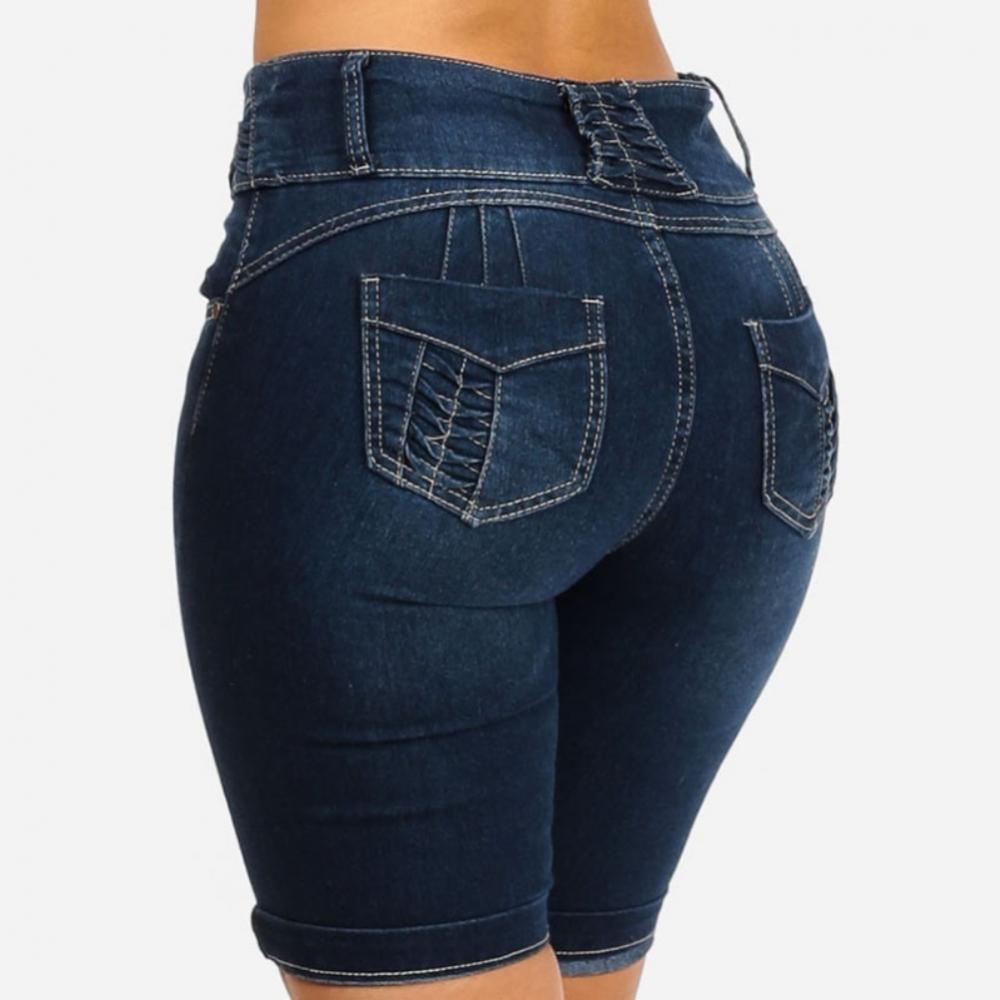 Damen-Jeansshorts, dunkelblau, hohe Taille, Gesäßtaschen, Sommermode, Denim-Design
