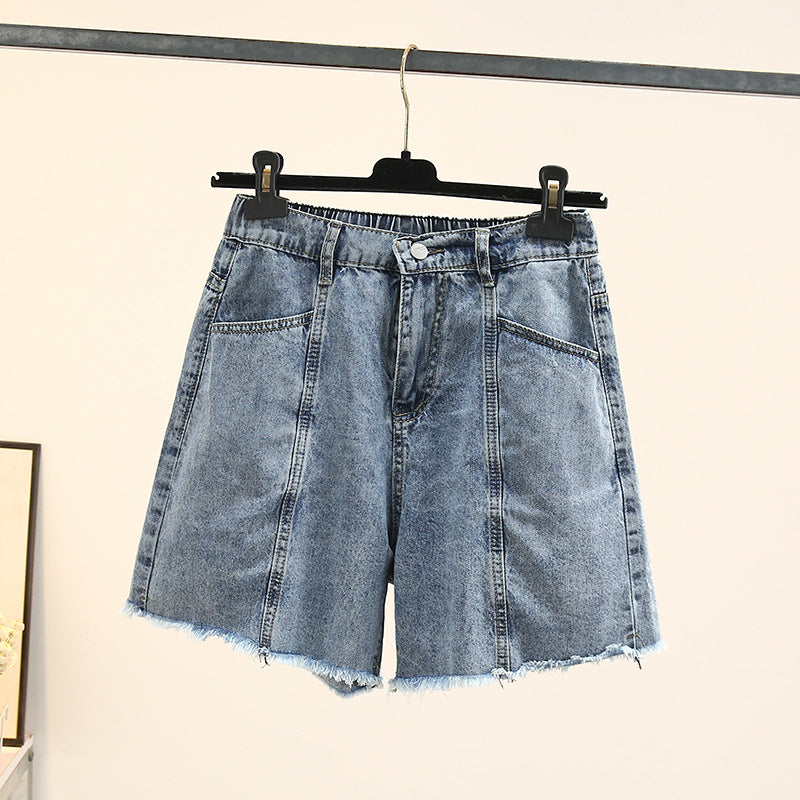 Damen Jeansshorts, blau, Fransen, hohe Taille, lässig, Sommermode, Denim-Shorts.