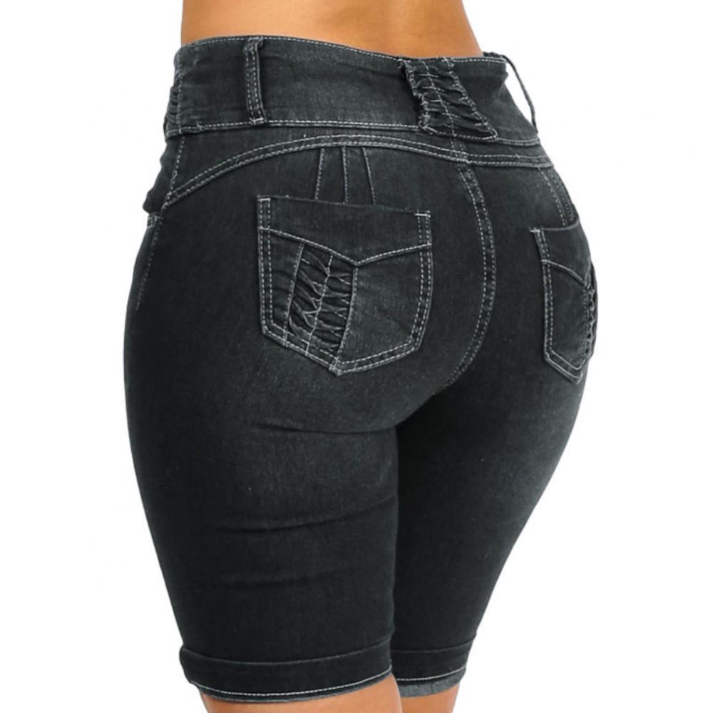 Schwarze Damen-Jeansshorts, hohe Taille, Gesäßtaschen, figurbetont, Denim, modisch.