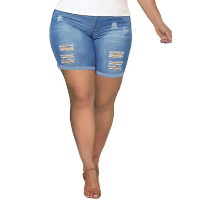 Damen-Jeansshorts, blau, zerrissen, Plus-Size, Sommermode, Freizeitkleidung.