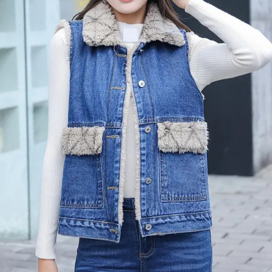 Frau in blauer Jeansweste mit Fellkragen und Taschen, weißer Pullover, Straßenhintergrund.