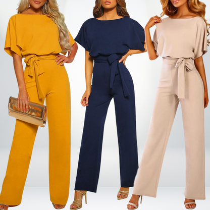 Damen Jumpsuit Set, Gelb, Blau, Beige, Kurzarm, Gürtel, Elegante Mode, Party Outfit