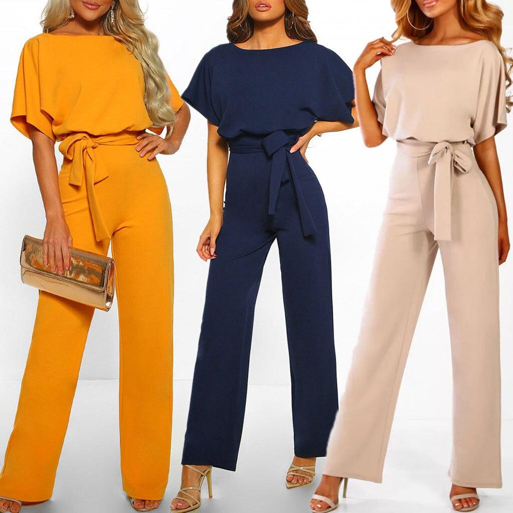 Damen Jumpsuit, elegant, kurzarm, Gürtel, Gelb, Blau, Beige, Abendmode, Party-Outfit.