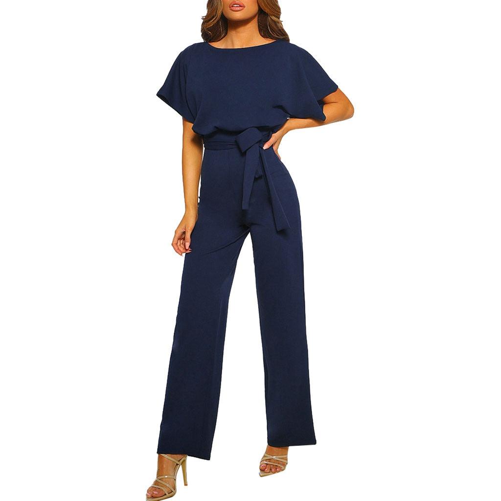 Damen Jumpsuit Blau, Kurzarm, Gürtel, Elegante Mode, Abendmode, Sommerkleidung