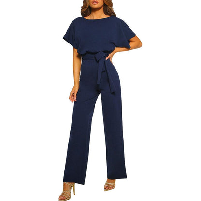 Damen Jumpsuit Blau, Kurzarm, Gürtel, Elegante Mode, Abendmode, Sommerkleidung
