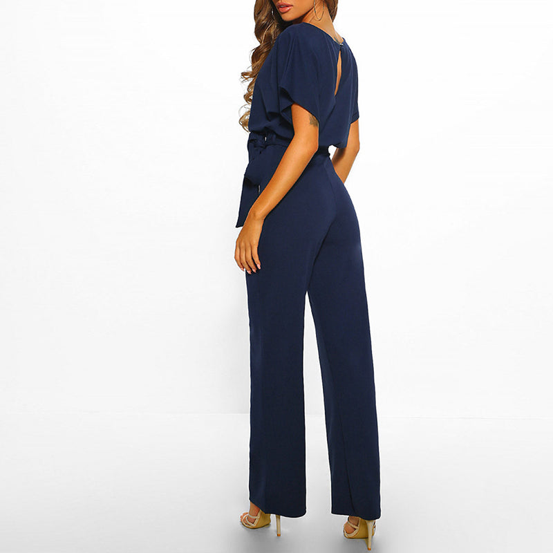 Damen Jumpsuit, dunkelblau, elegantes Design, Kurzarm, Gürtel, modische Abendmode.