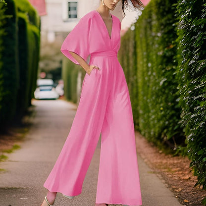 Damen Jumpsuit pink, V-Ausschnitt, weite Beine, elegantes Design, Sommermode, Freizeitkleidung.