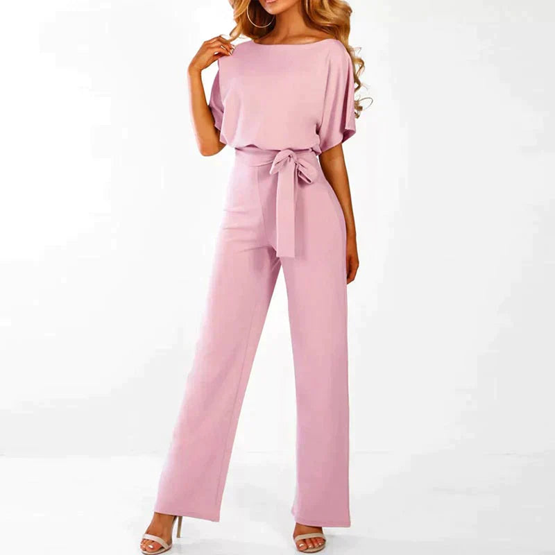 Damen Jumpsuit rosa, kurzärmelig, Gürtel, elegantes Design, Sommermode, Freizeitkleidung.