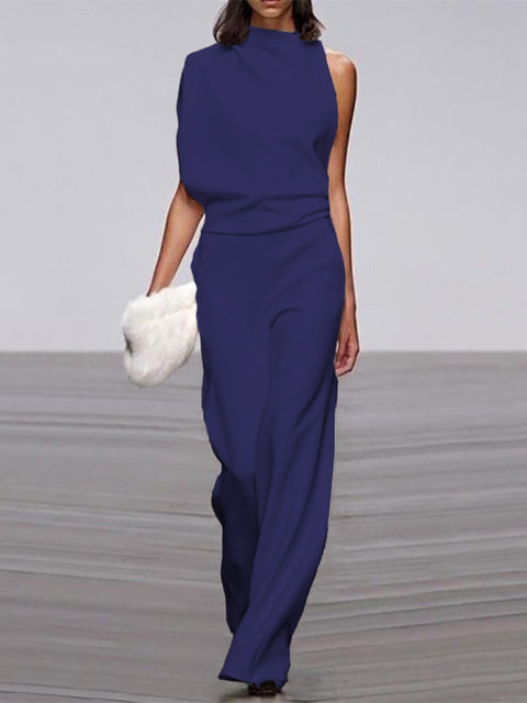Damen Jumpsuit Blau ärmellos, eleganter Sommer-Look, Büro, Mode, weiter Bein-Schnitt.