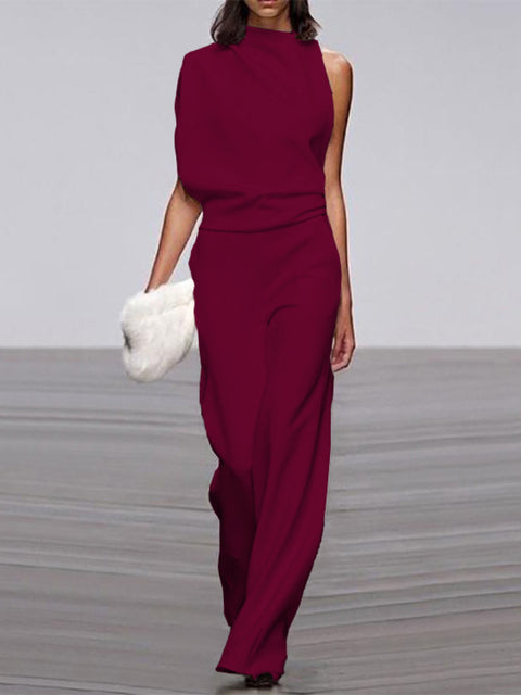 Damen Jumpsuit, ärmellos, weinrot, elegantes Design, Sommermode, Büro, weiter Beinabschluss.