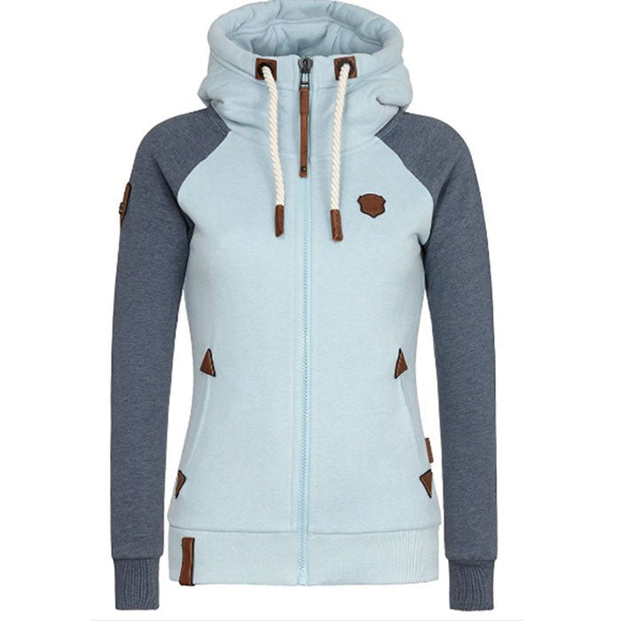 Damen Kapuzenjacke, hellblau mit grauen Ärmeln, Reißverschluss, Kordelzug, modern und bequem.